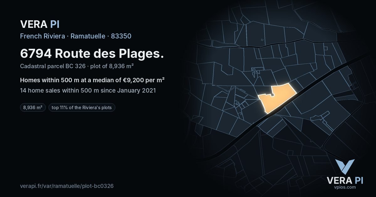 6794 Route des Plages, Ramatuelle at night – the plot lit, the parcels around coloured by the prices near them