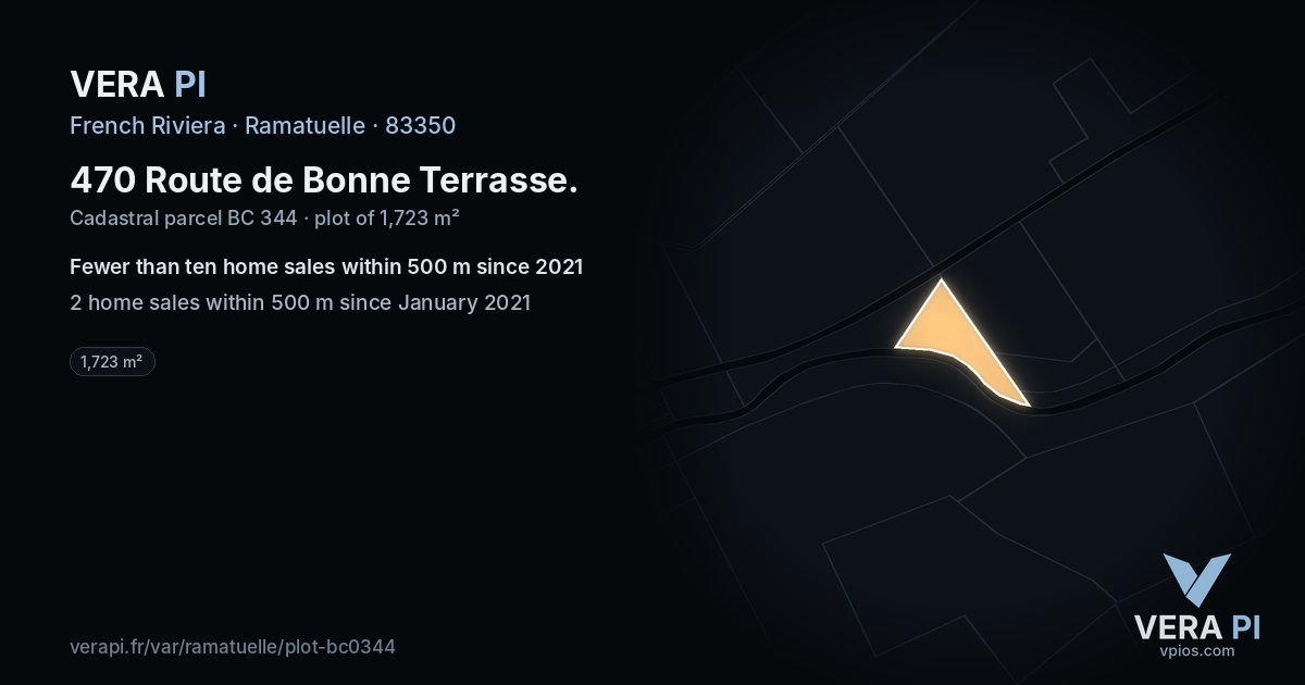 470 Route de Bonne Terrasse, Ramatuelle at night – the plot lit, the parcels around coloured by the prices near them