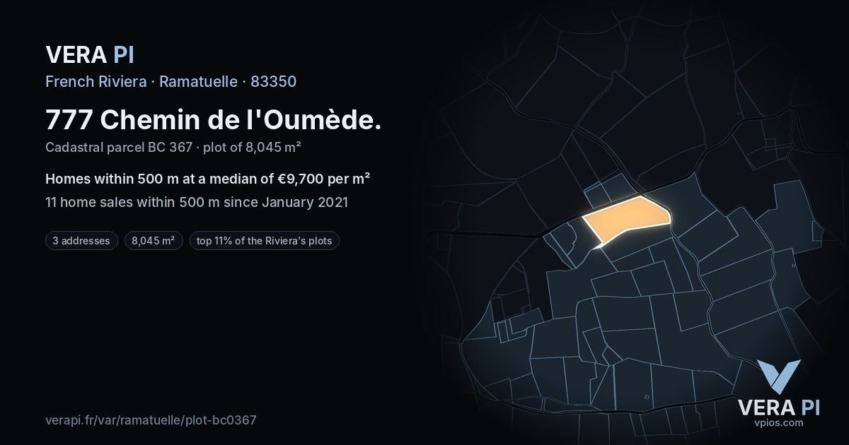 777 Chemin de l'Oumède, Ramatuelle at night – the plot lit, the parcels around coloured by the prices near them