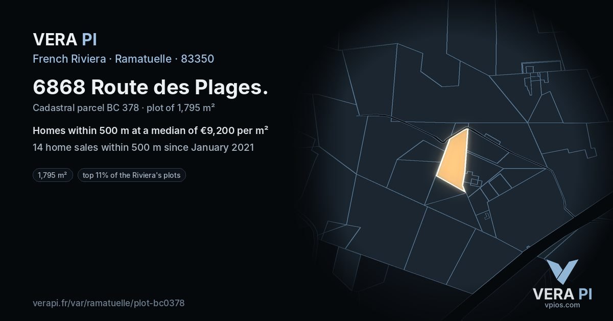 6868 Route des Plages, Ramatuelle at night – the plot lit, the parcels around coloured by the prices near them