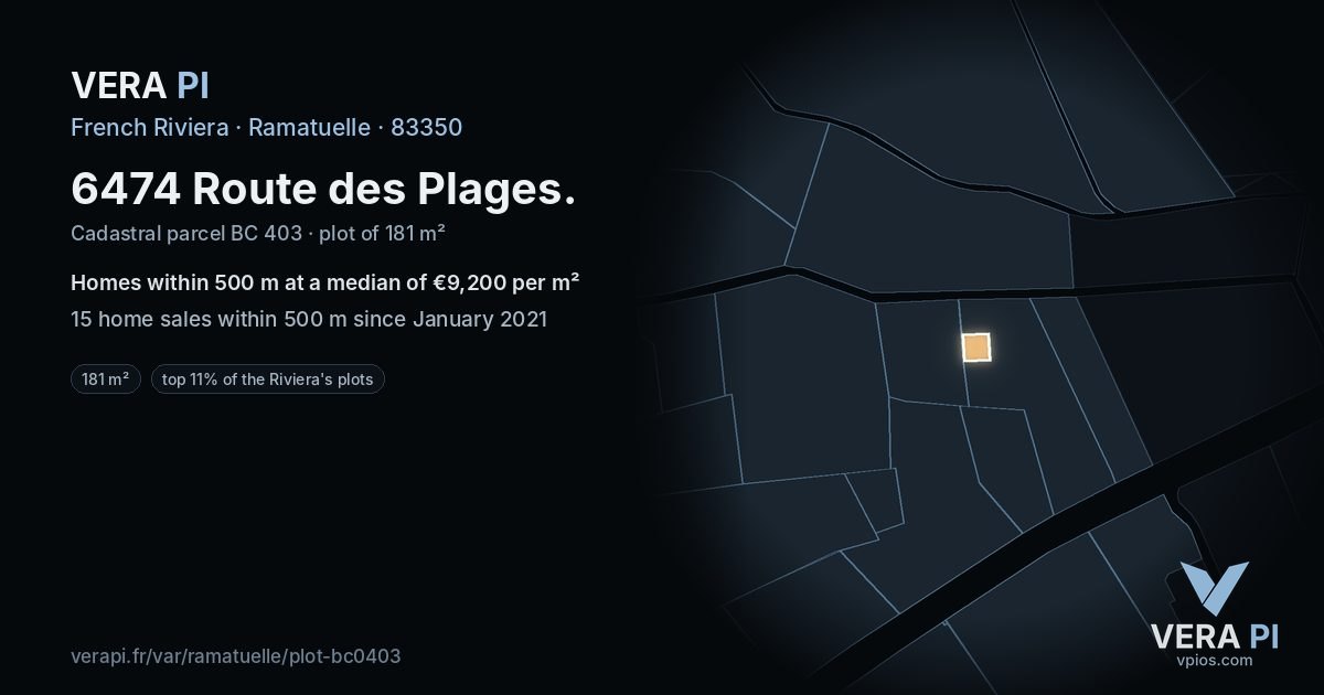 6474 Route des Plages, Ramatuelle at night – the plot lit, the parcels around coloured by the prices near them