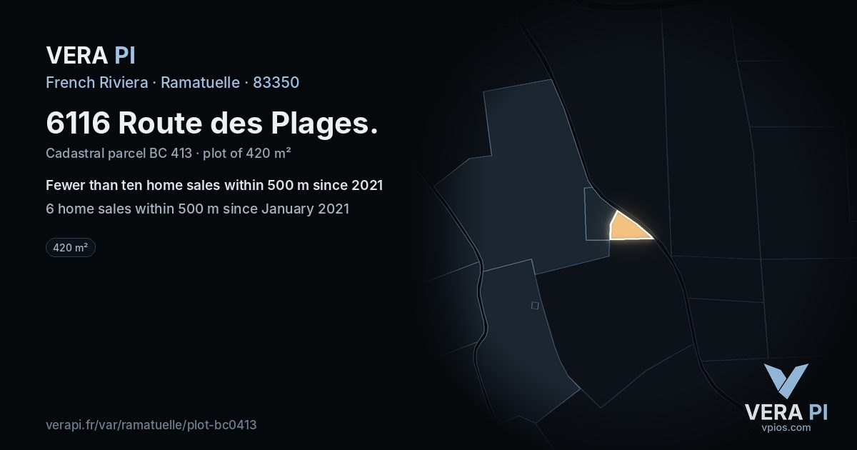 6116 Route des Plages, Ramatuelle at night – the plot lit, the parcels around coloured by the prices near them
