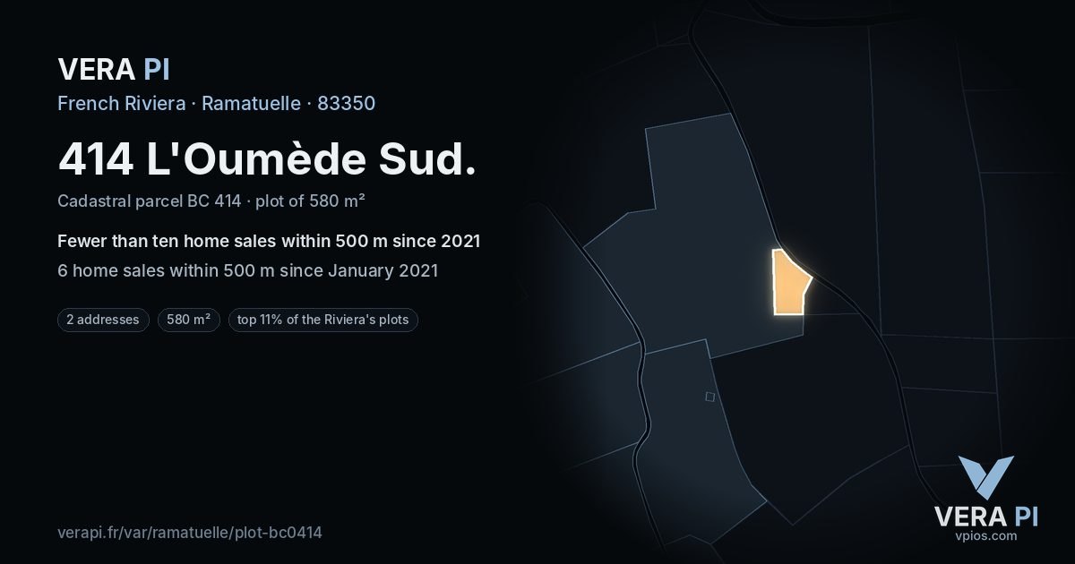 414 L'Oumède Sud, Ramatuelle at night – the plot lit, the parcels around coloured by the prices near them