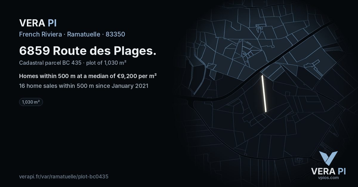 6859 Route des Plages, Ramatuelle at night – the plot lit, the parcels around coloured by the prices near them