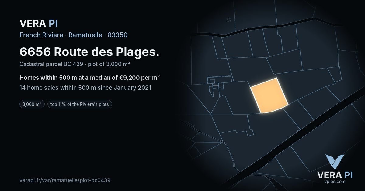 6656 Route des Plages, Ramatuelle at night – the plot lit, the parcels around coloured by the prices near them