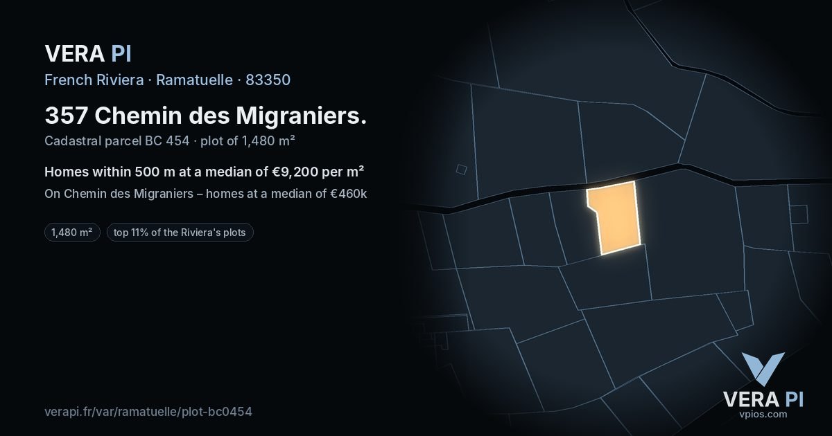 357 Chemin des Migraniers, Ramatuelle at night – the plot lit, the parcels around coloured by the prices near them