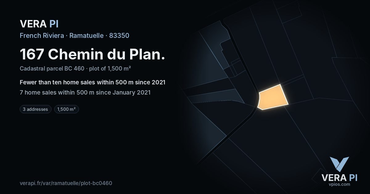 167 Chemin du Plan, Ramatuelle at night – the plot lit, the parcels around coloured by the prices near them