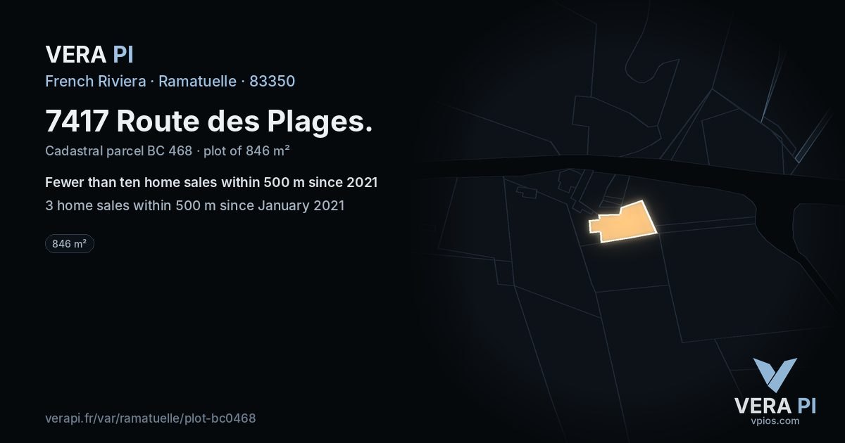 7417 Route des Plages, Ramatuelle at night – the plot lit, the parcels around coloured by the prices near them