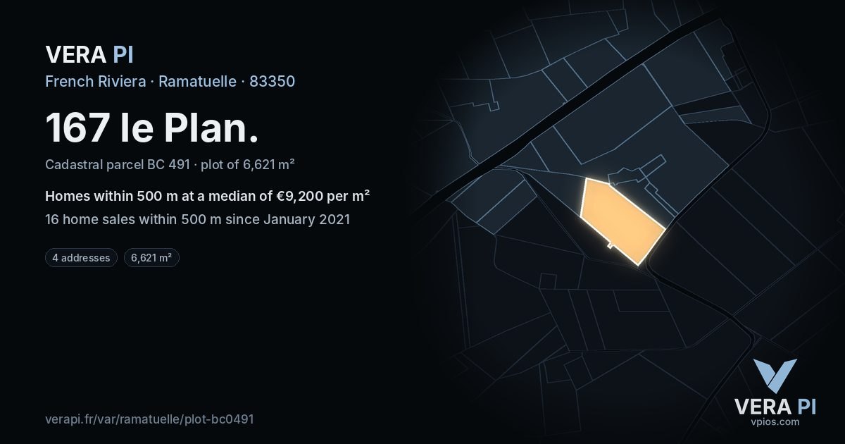 167 le Plan, Ramatuelle at night – the plot lit, the parcels around coloured by the prices near them