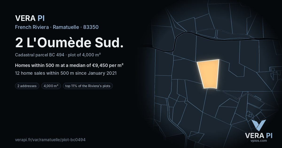 2 L'Oumède Sud, Ramatuelle at night – the plot lit, the parcels around coloured by the prices near them