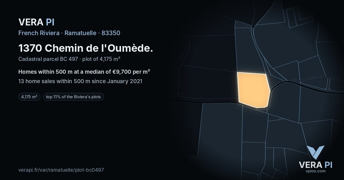1370 Chemin de l'Oumède, Ramatuelle at night – the plot lit, the parcels around coloured by the prices near them