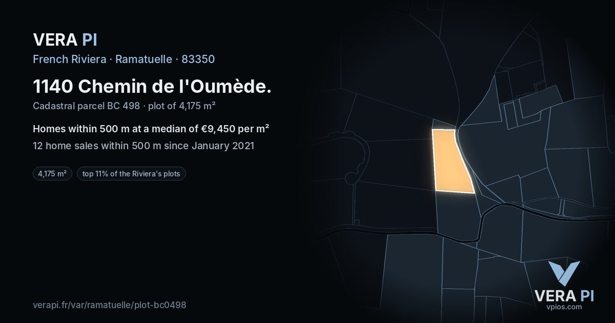 1140 Chemin de l'Oumède, Ramatuelle at night – the plot lit, the parcels around coloured by the prices near them