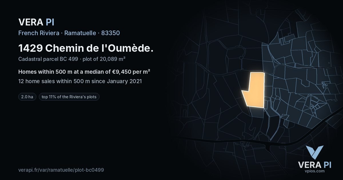 1429 Chemin de l'Oumède, Ramatuelle at night – the plot lit, the parcels around coloured by the prices near them
