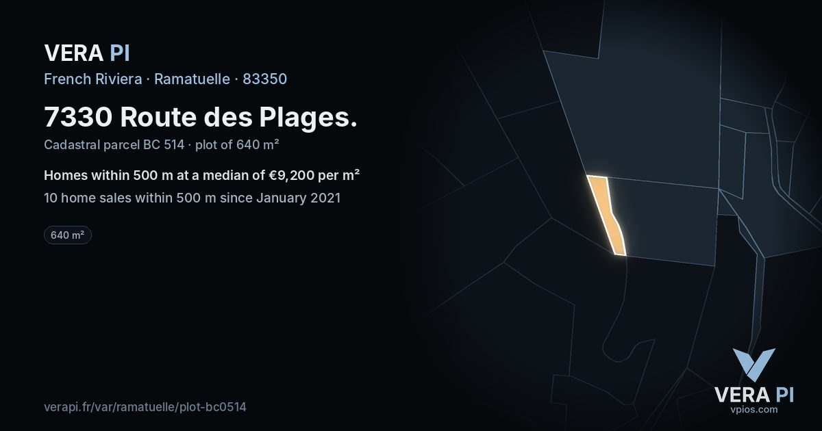 7330 Route des Plages, Ramatuelle at night – the plot lit, the parcels around coloured by the prices near them