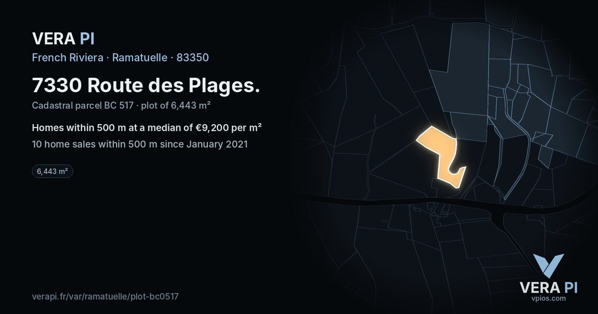 7330 Route des Plages, Ramatuelle at night – the plot lit, the parcels around coloured by the prices near them