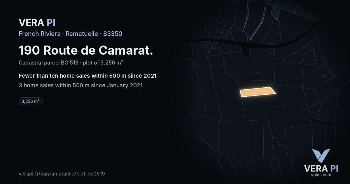 190 Route de Camarat, Ramatuelle at night – the plot lit, the parcels around coloured by the prices near them