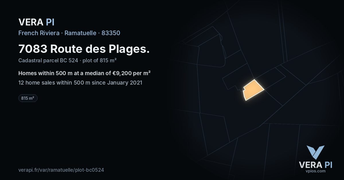 7083 Route des Plages, Ramatuelle at night – the plot lit, the parcels around coloured by the prices near them