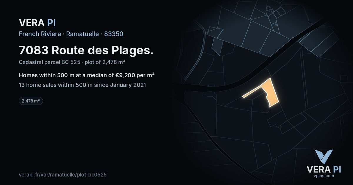 7083 Route des Plages, Ramatuelle at night – the plot lit, the parcels around coloured by the prices near them