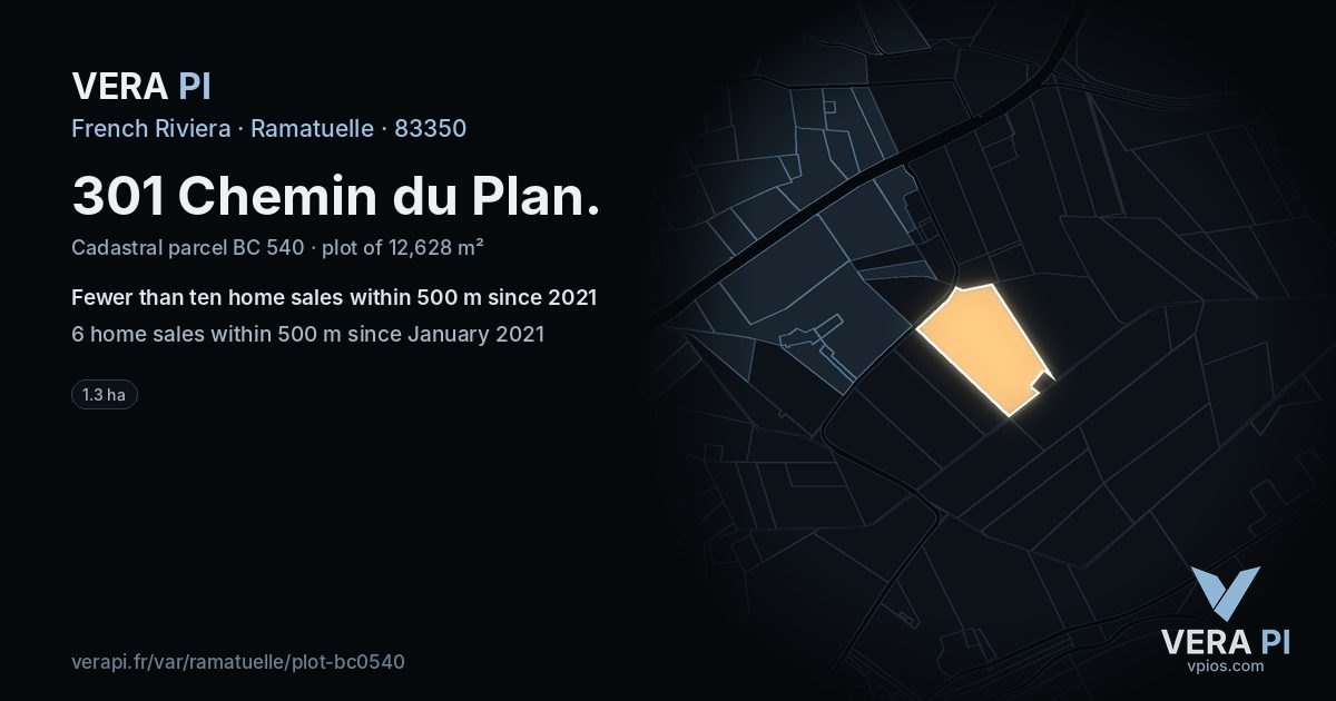 301 Chemin du Plan, Ramatuelle at night – the plot lit, the parcels around coloured by the prices near them