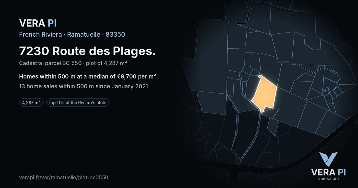 7230 Route des Plages, Ramatuelle at night – the plot lit, the parcels around coloured by the prices near them