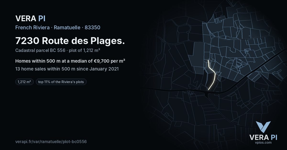 7230 Route des Plages, Ramatuelle at night – the plot lit, the parcels around coloured by the prices near them