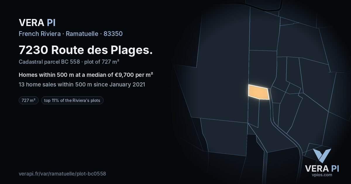7230 Route des Plages, Ramatuelle at night – the plot lit, the parcels around coloured by the prices near them