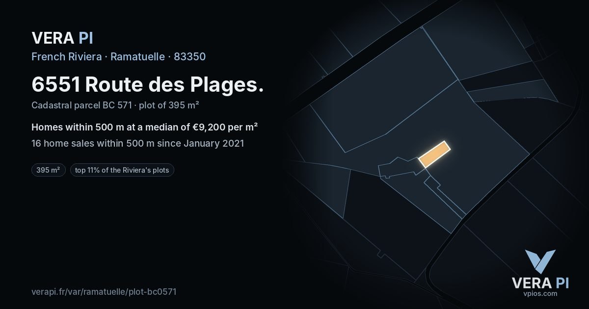 6551 Route des Plages, Ramatuelle at night – the plot lit, the parcels around coloured by the prices near them