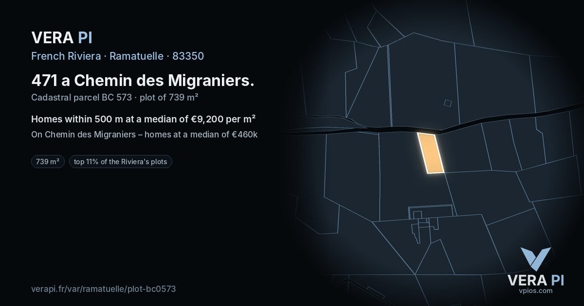 471 a Chemin des Migraniers, Ramatuelle at night – the plot lit, the parcels around coloured by the prices near them