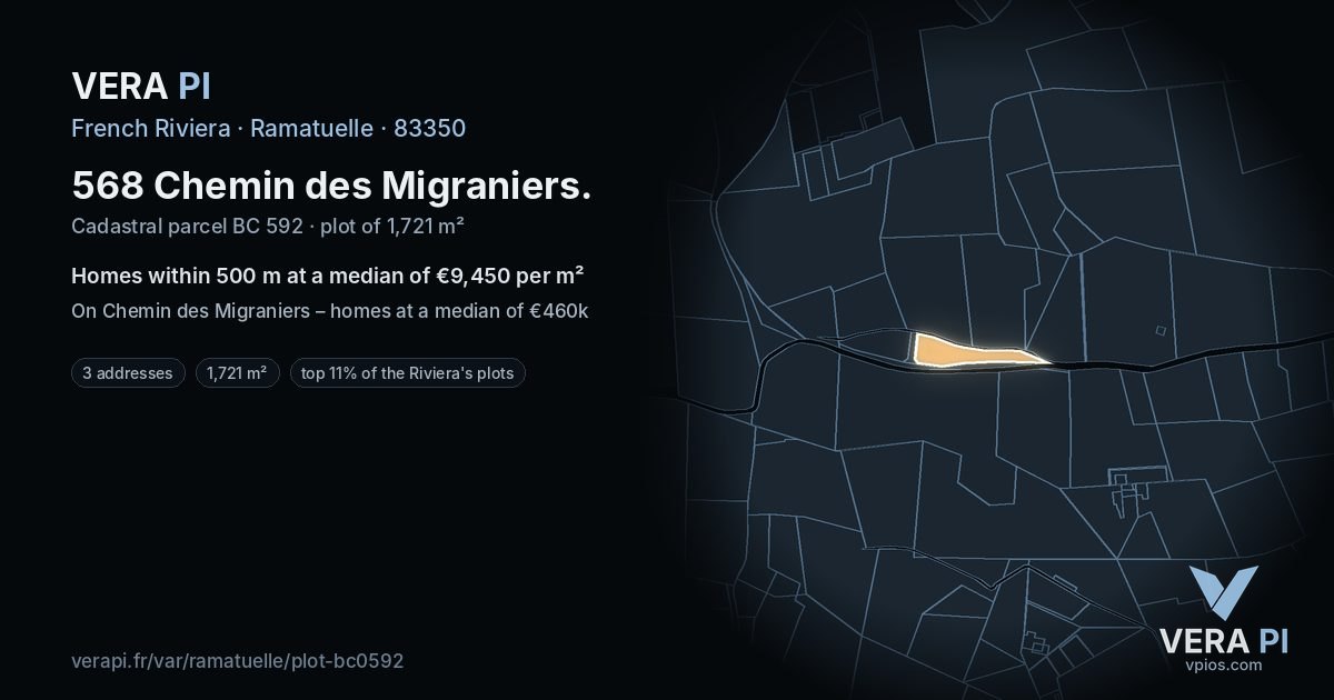 568 Chemin des Migraniers, Ramatuelle at night – the plot lit, the parcels around coloured by the prices near them