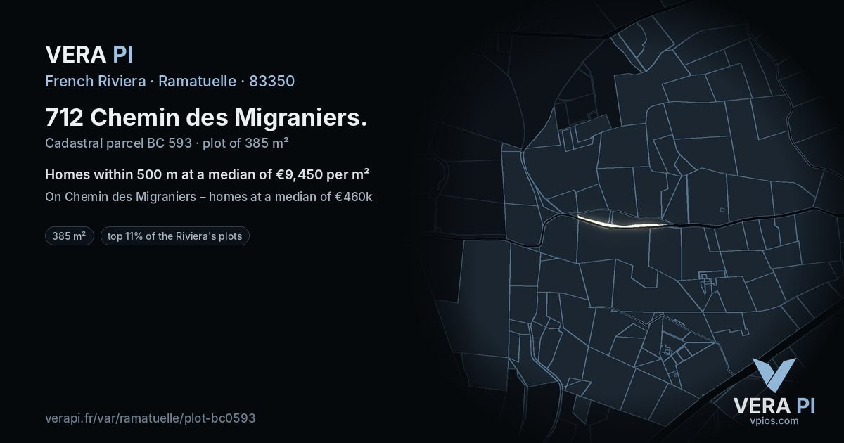 712 Chemin des Migraniers, Ramatuelle at night – the plot lit, the parcels around coloured by the prices near them