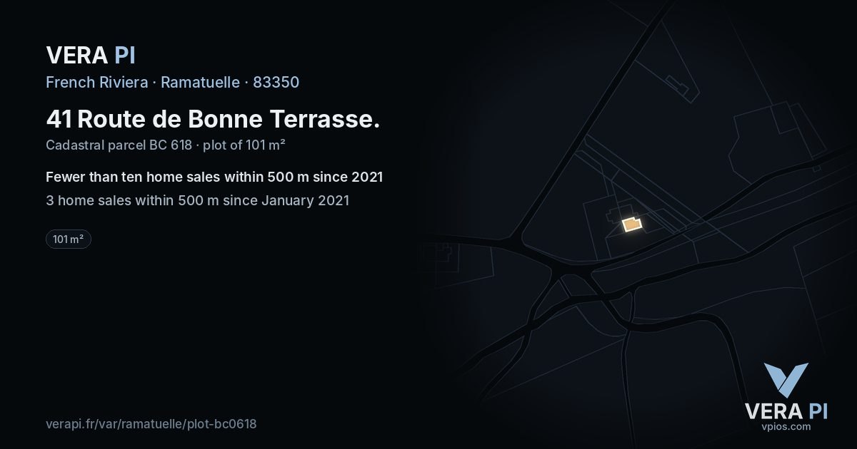 41 Route de Bonne Terrasse, Ramatuelle at night – the plot lit, the parcels around coloured by the prices near them