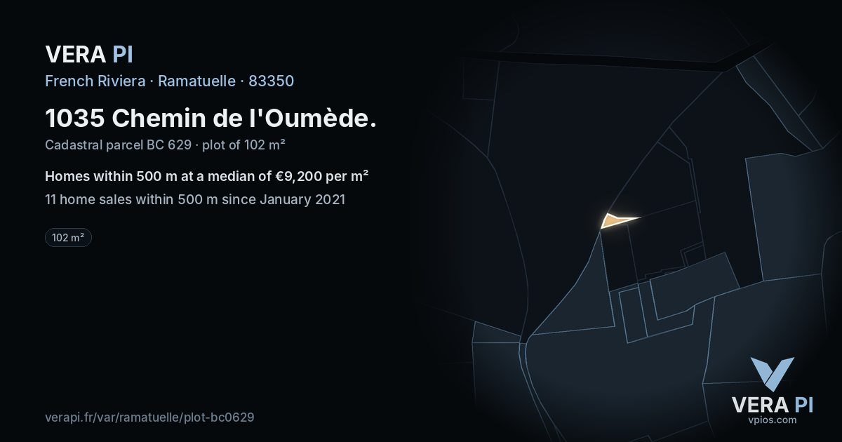 1035 Chemin de l'Oumède, Ramatuelle at night – the plot lit, the parcels around coloured by the prices near them
