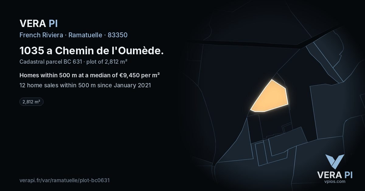 1035 a Chemin de l'Oumède, Ramatuelle at night – the plot lit, the parcels around coloured by the prices near them