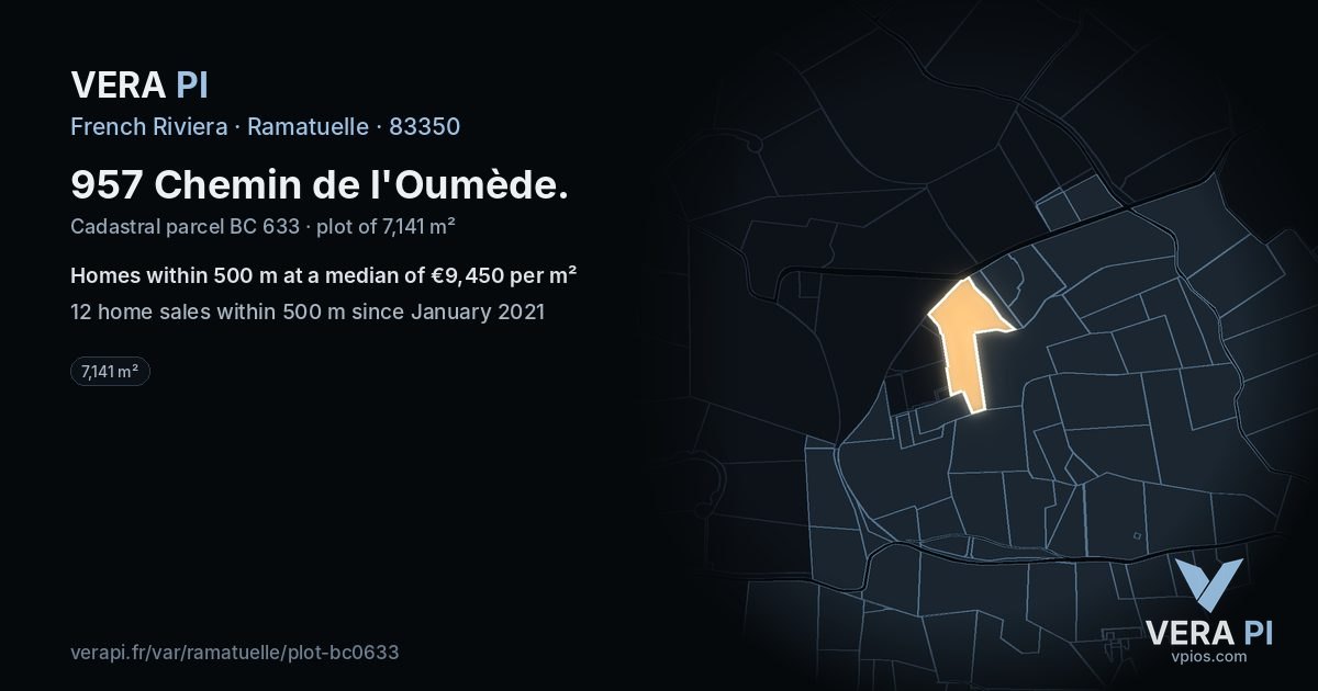 957 Chemin de l'Oumède, Ramatuelle at night – the plot lit, the parcels around coloured by the prices near them