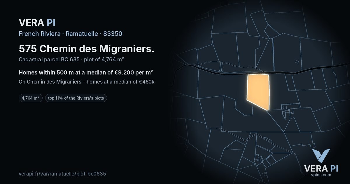 575 Chemin des Migraniers, Ramatuelle at night – the plot lit, the parcels around coloured by the prices near them