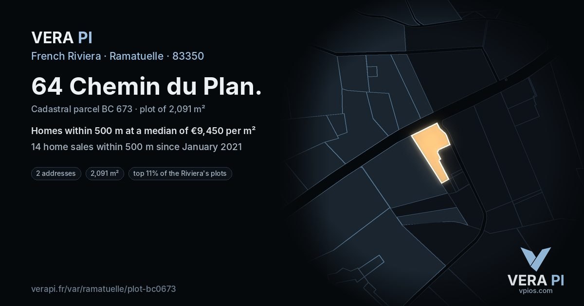 64 Chemin du Plan, Ramatuelle at night – the plot lit, the parcels around coloured by the prices near them