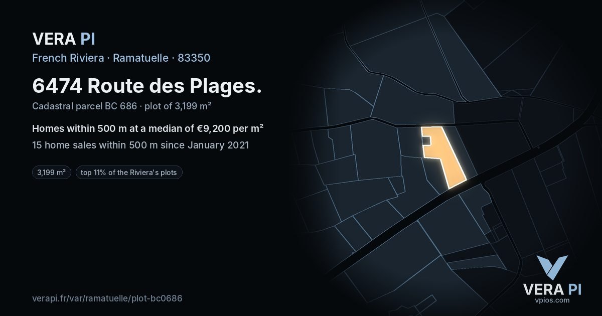 6474 Route des Plages, Ramatuelle at night – the plot lit, the parcels around coloured by the prices near them