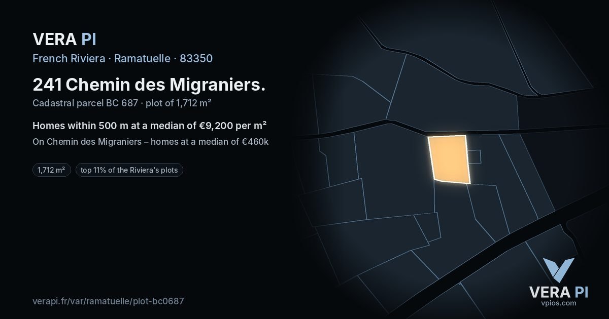 241 Chemin des Migraniers, Ramatuelle at night – the plot lit, the parcels around coloured by the prices near them