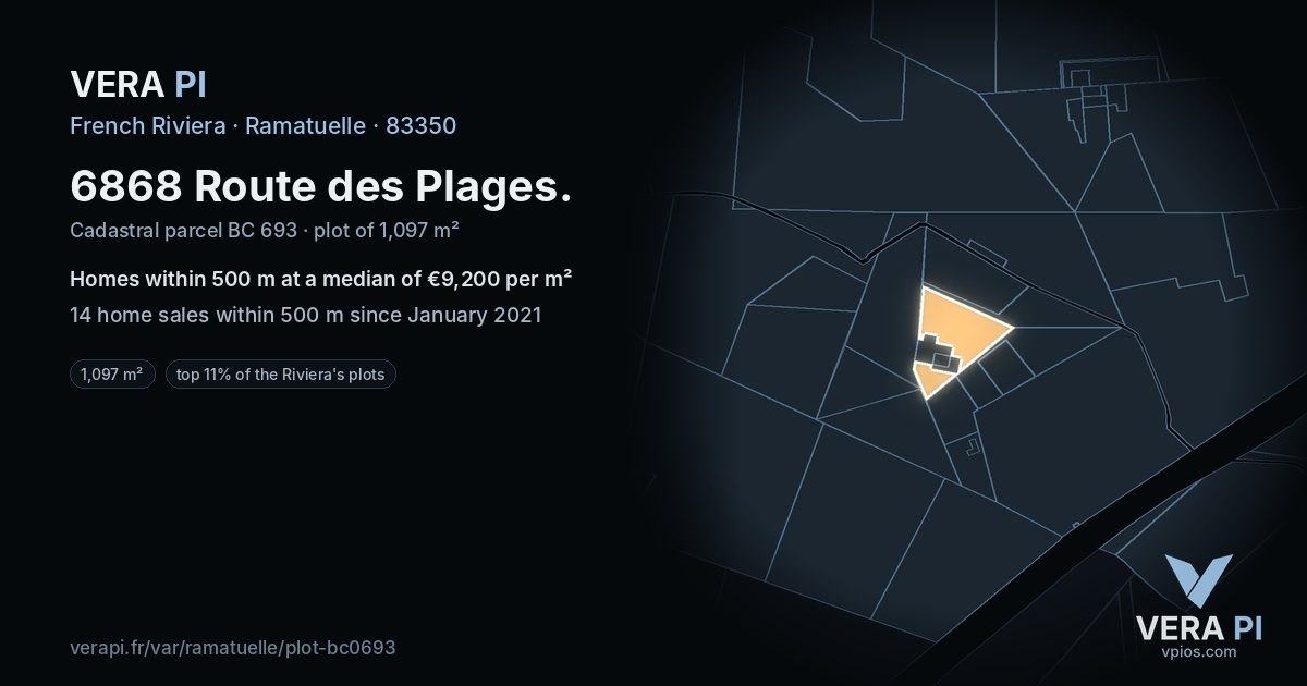 6868 Route des Plages, Ramatuelle at night – the plot lit, the parcels around coloured by the prices near them