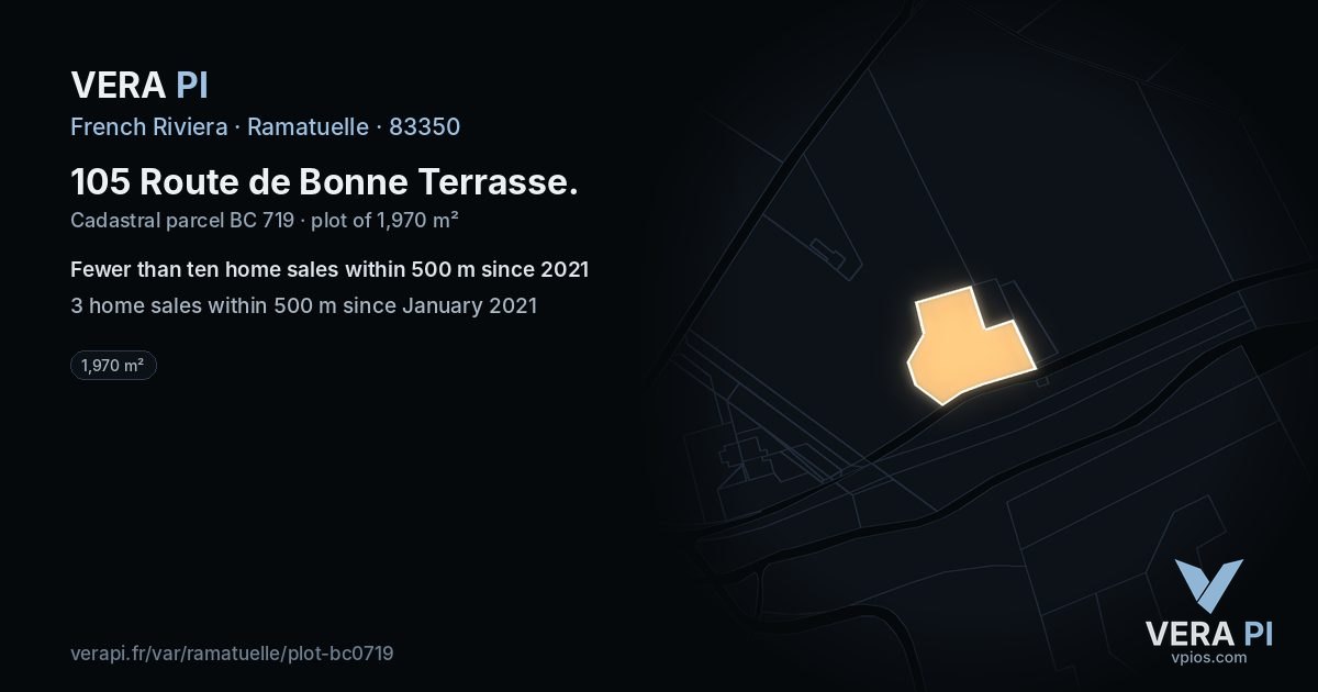 105 Route de Bonne Terrasse, Ramatuelle at night – the plot lit, the parcels around coloured by the prices near them