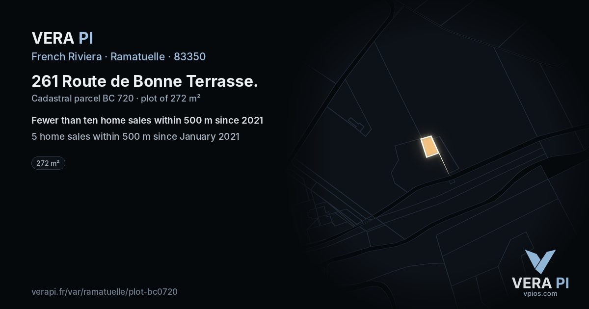 261 Route de Bonne Terrasse, Ramatuelle at night – the plot lit, the parcels around coloured by the prices near them