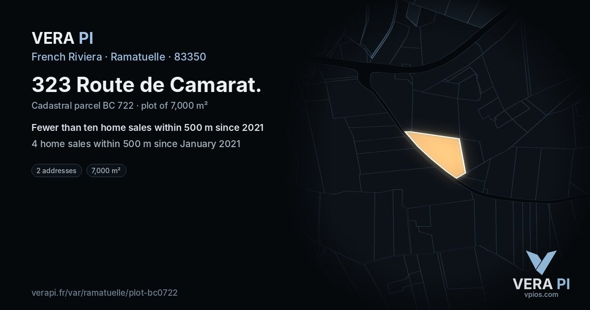 323 Route de Camarat, Ramatuelle at night – the plot lit, the parcels around coloured by the prices near them
