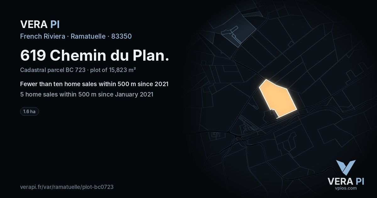 619 Chemin du Plan, Ramatuelle at night – the plot lit, the parcels around coloured by the prices near them