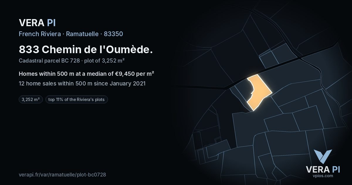 833 Chemin de l'Oumède, Ramatuelle at night – the plot lit, the parcels around coloured by the prices near them