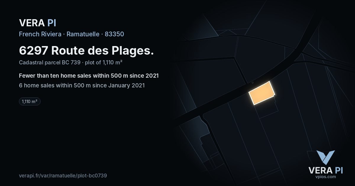 6297 Route des Plages, Ramatuelle at night – the plot lit, the parcels around coloured by the prices near them