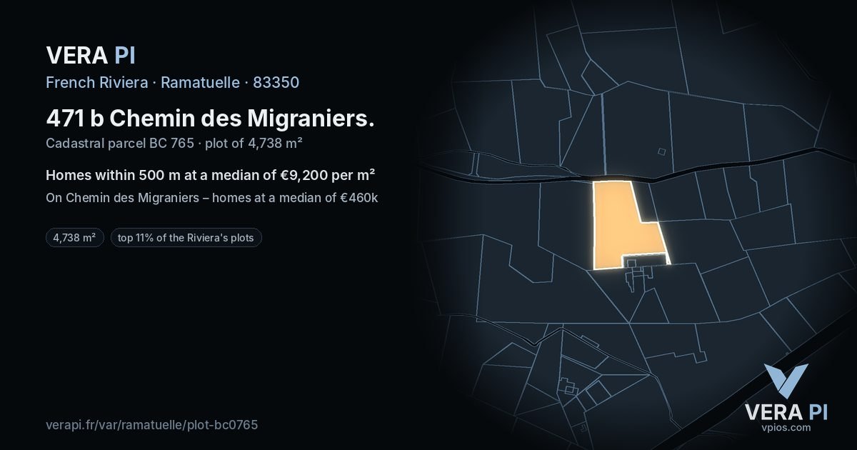 471 b Chemin des Migraniers, Ramatuelle at night – the plot lit, the parcels around coloured by the prices near them