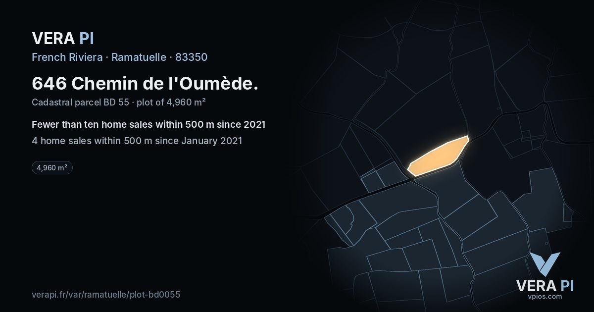 646 Chemin de l'Oumède, Ramatuelle at night – the plot lit, the parcels around coloured by the prices near them
