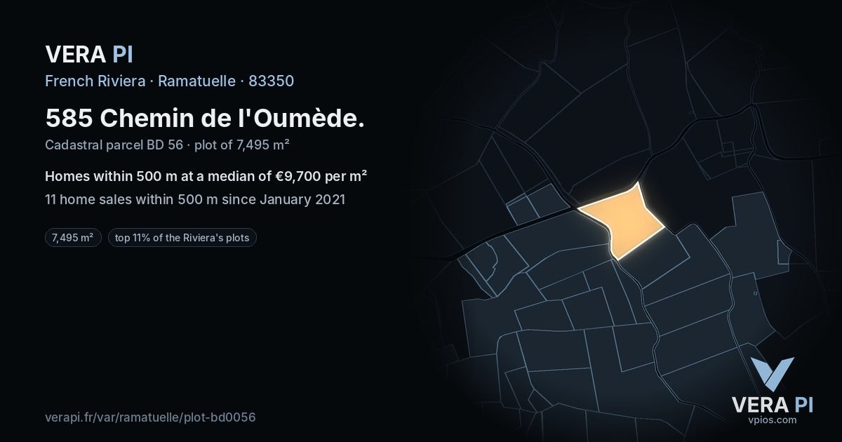 585 Chemin de l'Oumède, Ramatuelle at night – the plot lit, the parcels around coloured by the prices near them