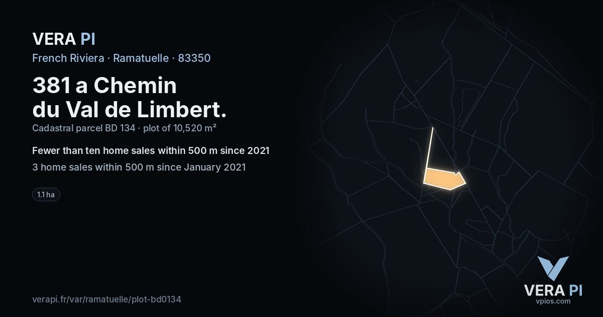 381 a Chemin du Val de Limbert, Ramatuelle at night – the plot lit, the parcels around coloured by the prices near them
