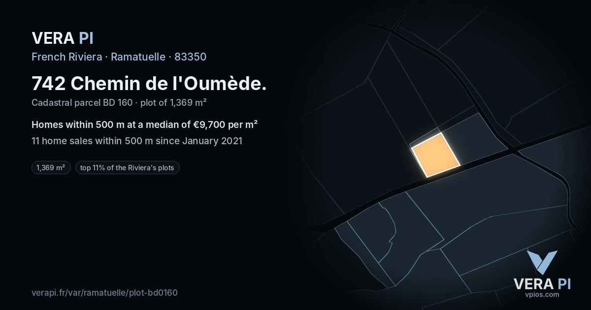 742 Chemin de l'Oumède, Ramatuelle at night – the plot lit, the parcels around coloured by the prices near them